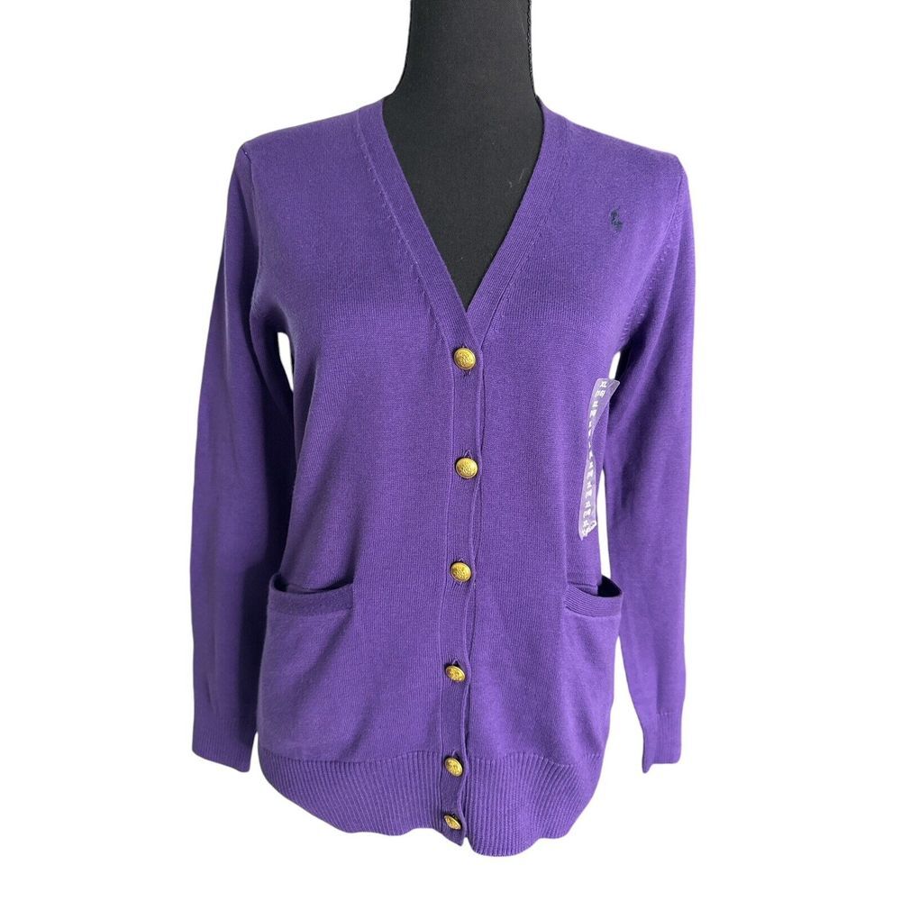 Ralph Lauren Girls Purple Cardigan, 100% Pima Cotton,‎ Long Sleeve, Pockets, XL